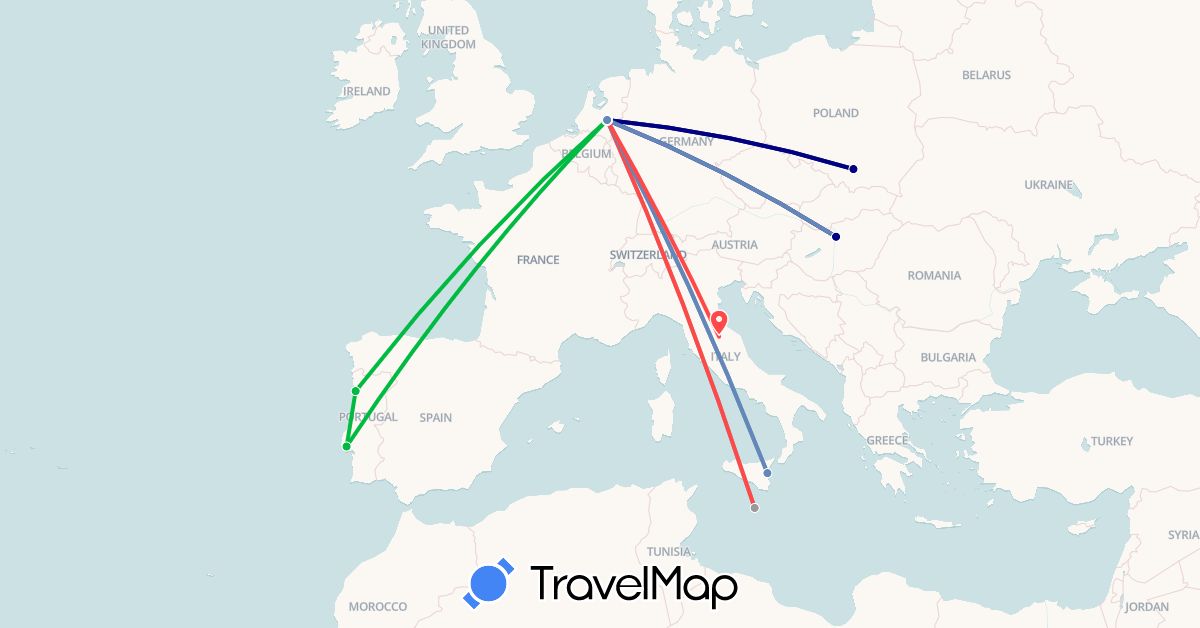 TravelMap itinerary: driving, bus, plane, cycling, hiking in Hungary, Italy, Malta, Netherlands, Poland, Portugal (Europe)